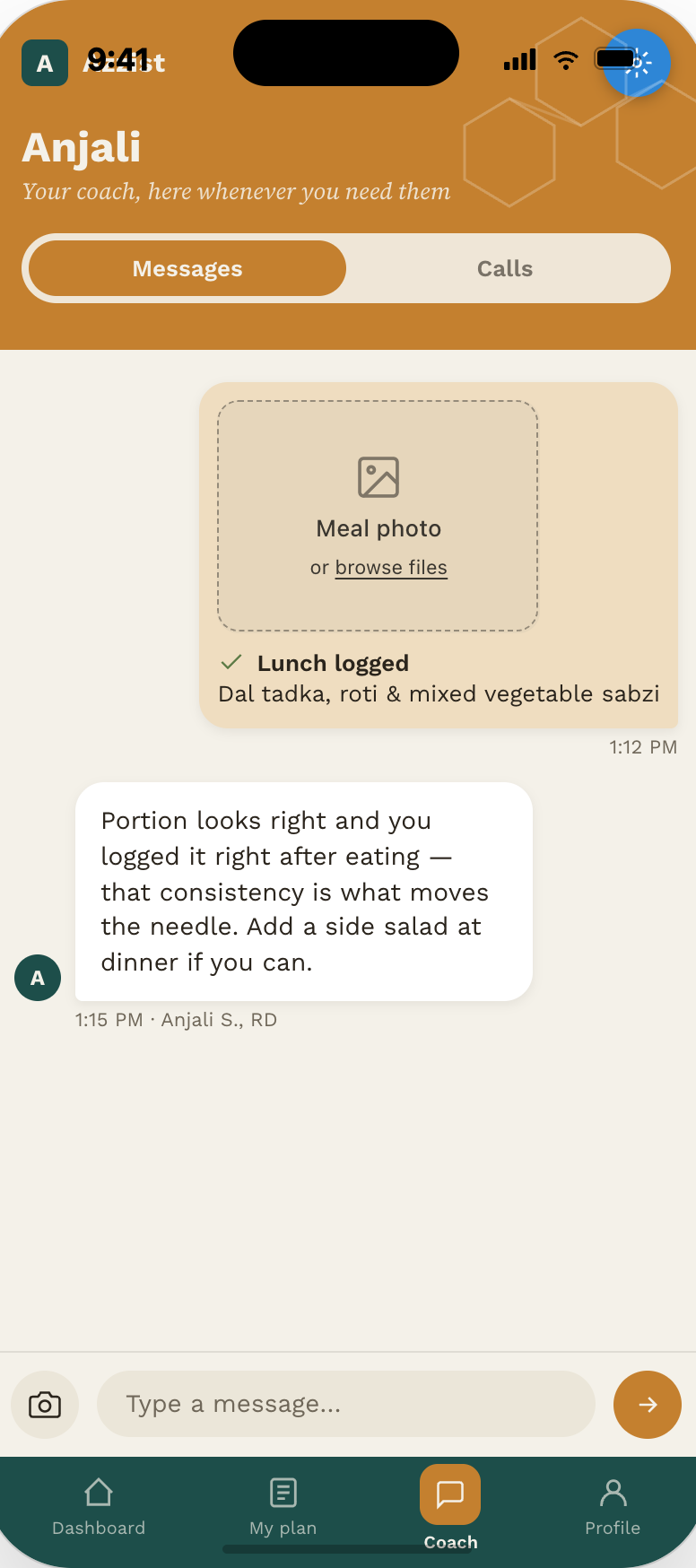 Lunch logged, coach affirms the portion and consistency