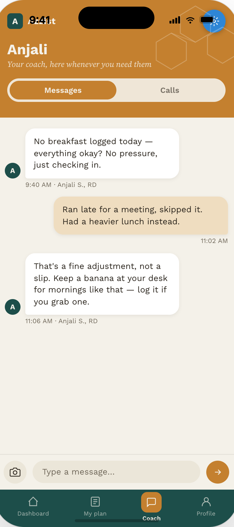 Coach sends a supportive check-in after a missed log