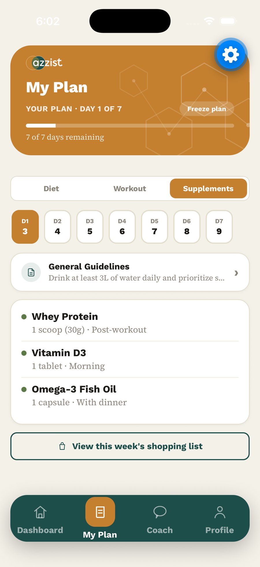 My Plan supplements tab with dosage and timing